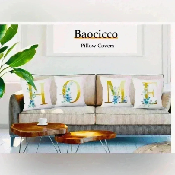 Pillow Covers 18x18” 1 pc I Alphabet Linen White/Gold I Blue Floral Boho Cottage - Picture 8 of 13